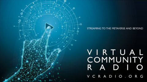 Graphic of hand pressing play button, Virtual Community Radio